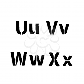 Realistic stencil font with dirty spray paint texture, U V W X latin letters isolated on white