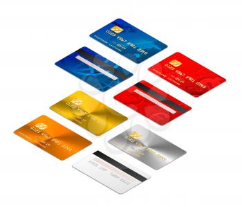 Set of realistic credit cards from both sides in isometric projection and in different designs include gold and platinum, isolated on white