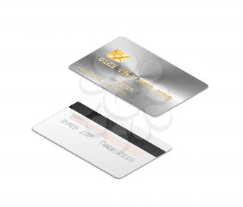 Silver realistic credit card with chip from both sides in isometric projection isolated on white