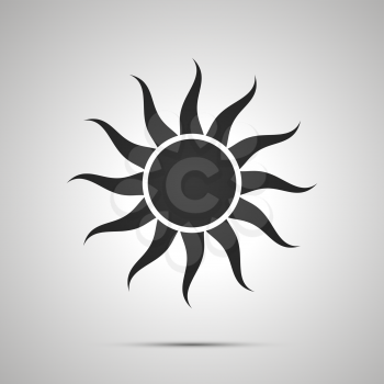 Sun with curved rays, simple black icon with shadow