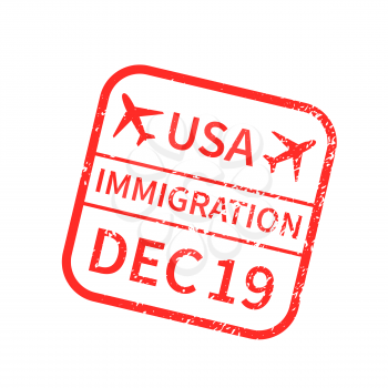 USA International travel visa stamp isolated on white. Arrival sign red rubber stamp with texture