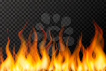 Wall of bright fire flame on transparent background
