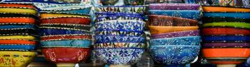 Different type of colorful Turkish ceramic tableware in the Bazaar