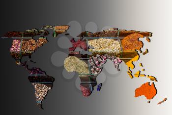 Roughly outlined world map with herbs and spices