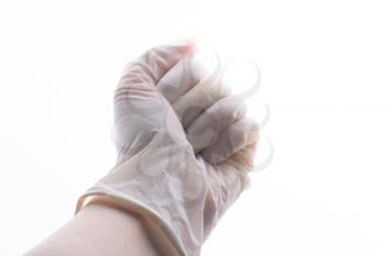 Protective sterile latex glove.  glove on hand. Coronavirus COVID-19 pandemic concept