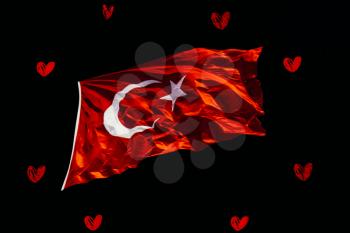 Turkish flag with white star and moon on red hearts