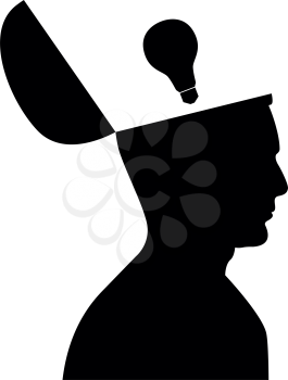 Man with  lightbulb idea in open head it is black icon . Flat style