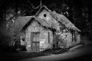 Derelict haunted stone house and dirt road in the woods. Black and white.