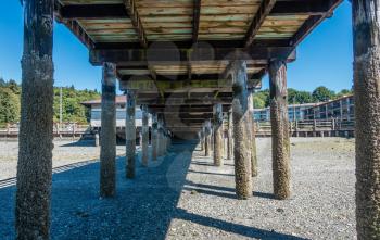 A view from beneath the pier at Redondo Beach, Washington at low tide.
