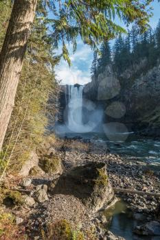 A view of Snoqualmie Falls from downriver.