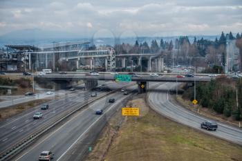 A view of the Tukwila Light Rail Station and the freeway.