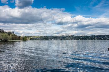 A view of Mercer Island across Lake Washington . Shot taken from Seward Park in Seattle.