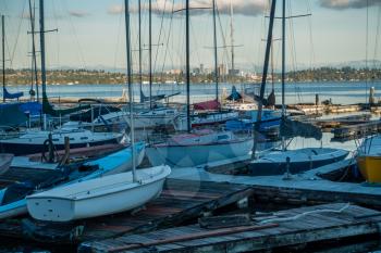 A view of Bellevue, Washington through the moored boats on Lake Washington near Seattle.