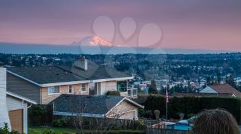 A view of Mount Rainier from a neighborhood in Des Moines, Washington.
