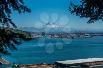 Mount Rainier rises up over the Port of Tacoma.