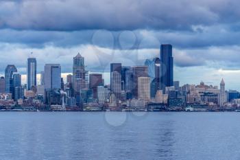 A view of the Seattle skyline as night approaches.