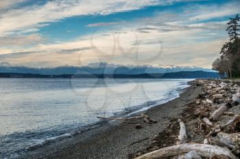 A view of the snowcapped peaks of the Olympic Mountains in Washington State.