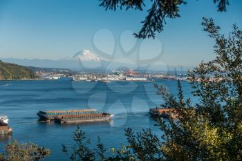 View of the Port of Tacoma and Mount Rainier.