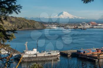 Majestic Mount Rainier towers over the Port of Tacoma.