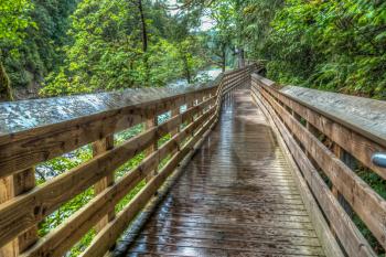 High dynanice range image of an elevated walkway along the Snoqualmie River in Washginton State.