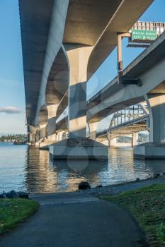 A view from beneath the west end of the Interstate Ninety bridge in Seattle, Washington.