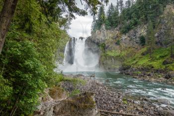 A panoramic shot of Snoqualmie Falls in Washington State.