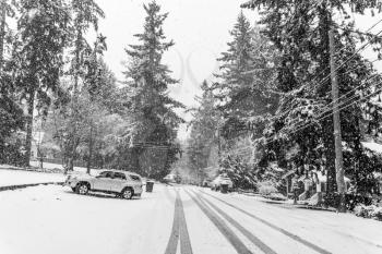 A snow storm begins in Burien, Washington.