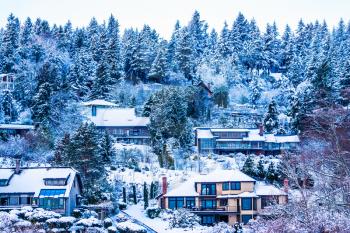A view of snow and homes in Normandy Park, Washington.