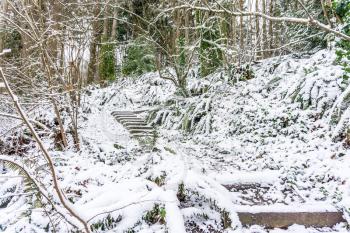 A veiw of steps on the Eagle Landing Trail in Burien, Washington in the snow.