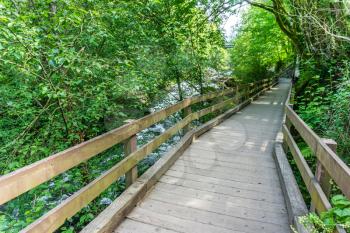 A wooden walkway follows the Deschutes River in Tumwater, Washington.
