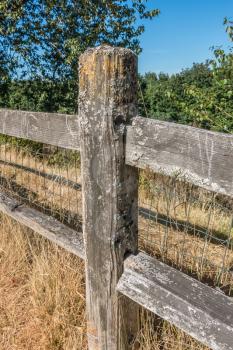 Closeup of a weatherbeaten woodem fence on a dry summer day.