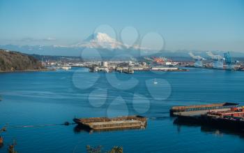 A view of the Port of Tacoma and Mount Rainier on a clear day.
