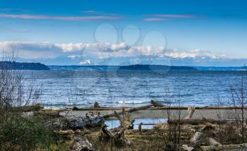 A view of the Olympic Mountains across the Puget Sound.