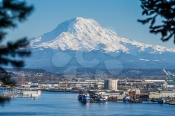 A view of the Port of Tacoma and Mount Rainier.