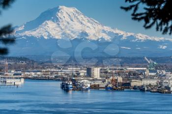 A view of the Port of Tacoma and Mount Rainier.
