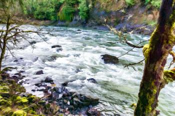 Rushing water on the Snoqualmie River in Washington State in winter.