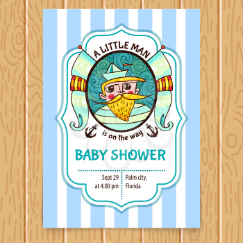 Baby Shower card with sea captain. Custom  Invitation for baby arrival. Tender supplies template.