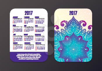 Pocket Calendar 2017. Mandala indian design vector template