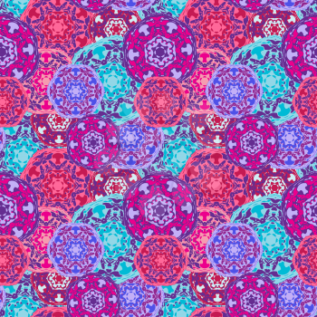 Gypsy seamless pattern of abstract multicolored round mandalas. Ethnic background with Aztec, Moroccan, Islamic, Indian motifs. Ethnic mandala from bold lines. Stylized floral pattern.