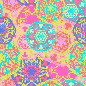 Gypsy seamless pattern of abstract multicolored round mandalas. Ethnic background with Aztec, Moroccan, Islamic, Indian motifs. Ethnic mandala from bold lines. Stylized floral pattern.