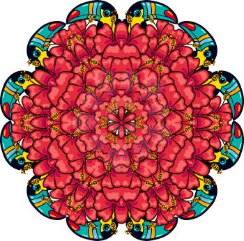Round ornament style psychedelic 60s of bright tropical plant and animal cells, and toucan hibiscus. Eco mandala suitable for bio,  jungle prints on T-shirts, bags, soap, wedding invitations, tattoo.