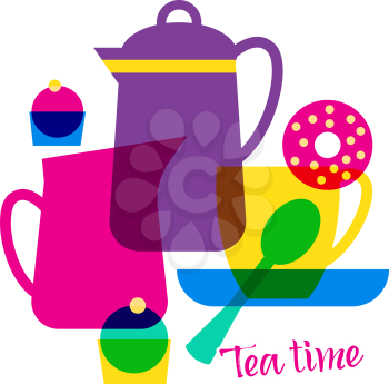Tea time with lettering. Vector illustration. Isolated object on white background.