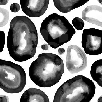 Black spots watercolor paint. Ink stains isolated on white background. Texture to use for wrapping, wallpaper, decor, design postcards, textiles, surface design, banners on the website. Memphis style