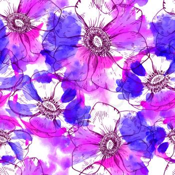 Hand painted watercolor vector anemone seamless pattern background