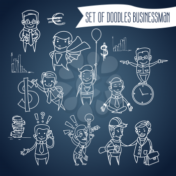set of cartoon doodle business men on a blue background