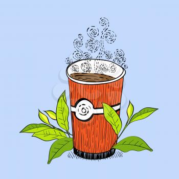 a glass of coffee, curling steam drawn sketch vector