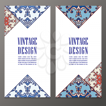 Vintage Banner for business and invitation card. Portuguese tiles azulejo. Template with decorative tiles ornamental element. For postcard, brochure, advertising, bookmark, leaflet. Vector.