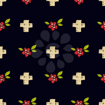 Crosses and flowers in an old-style tattoo. The day of the Dead. A seamless pattern on a black background. Texture for scrapbooking, wrapping paper, textiles, web page, textile wallpapers, surface design, fashion