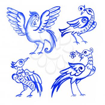 Portuguese azulejo tiles. Blue and white gorgeous seamless patterns with bird. For scrapbooking, wallpaper, smartphones, web background, print, surface texture, pillows, towels, linens bags T-shirts