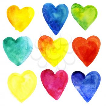 Set of watercolor hearts of different colors. Isolated on white background. For medicine, romantic postcards, posters and designs.
